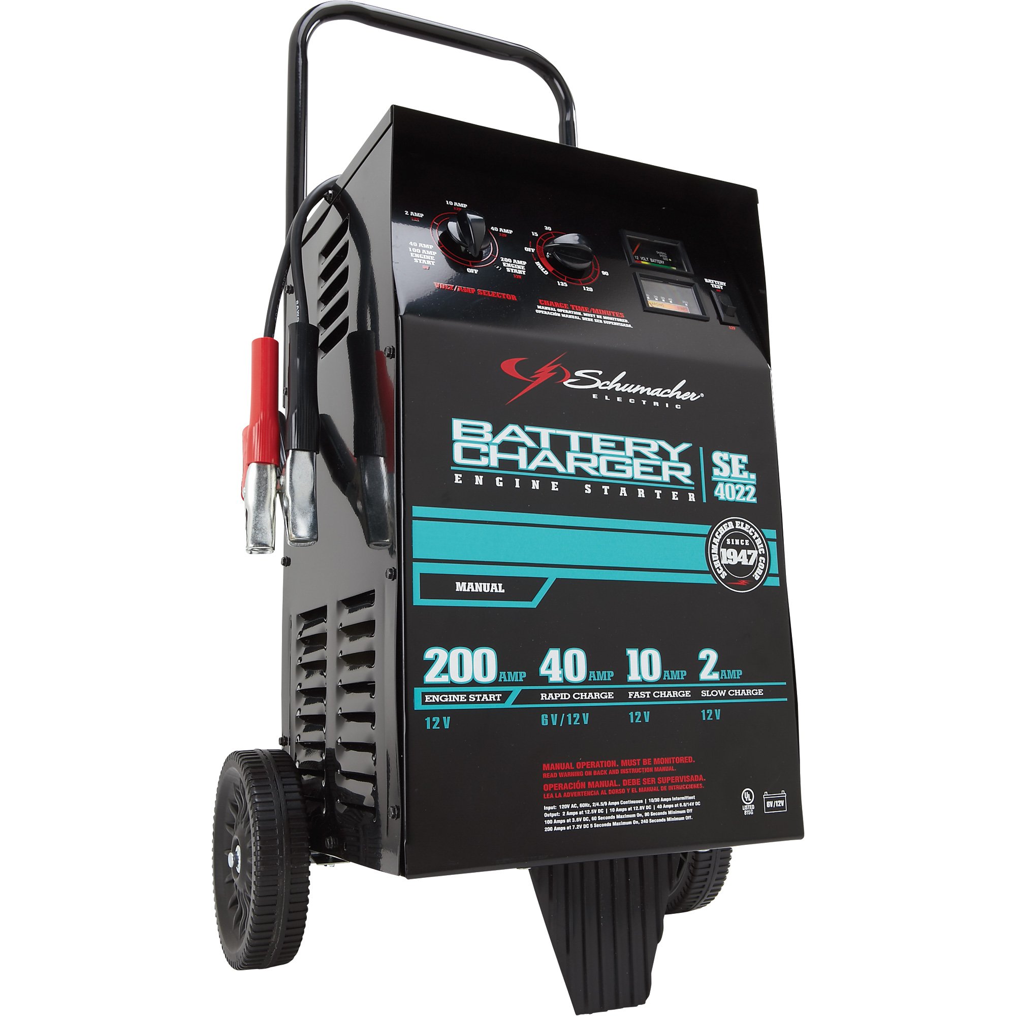 Please See Replacement Item# 66720. Schumacher Wheeled Battery Charger with Engine Start — 6/12 Volt, 2/10/40/200 Amps, Manual, Model# SE-4022